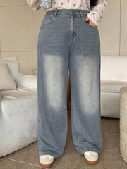 Plus Size Wide Leg Long Denim Pants With Washed And Bleached Effect And Side Pockets