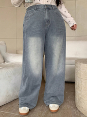 Plus Size Wide Leg Long Denim Pants With Washed And Bleached Effect And Side Pockets
