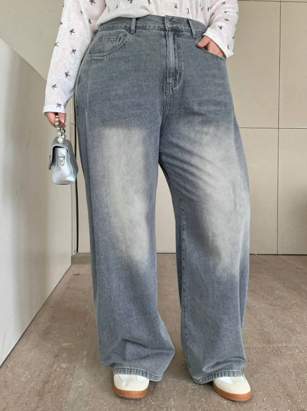 Plus Size Wide Leg Long Denim Pants With Washed And Bleached Effect And Side Pockets