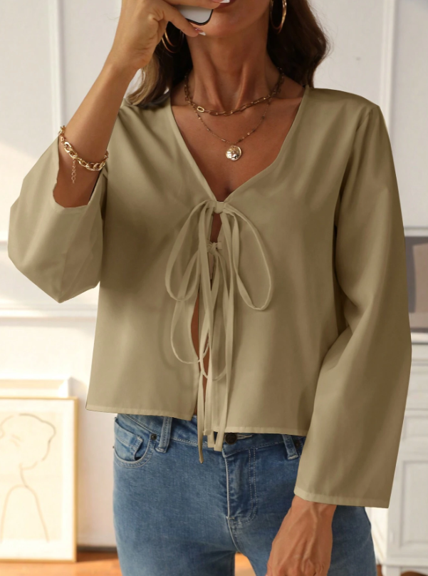 Dropped Shoulder Long Sleeve Self-Tie Front Loose Shirt
