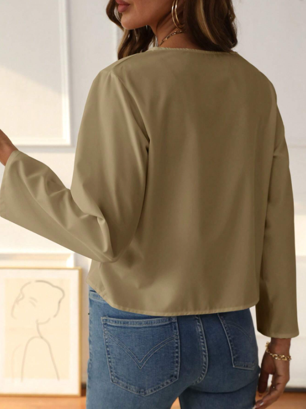 Dropped Shoulder Long Sleeve Self-Tie Front Loose Shirt