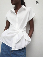 Casual Cap Sleeve Shirt With Knot Detail