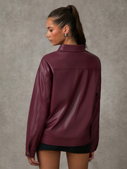Dropped Shoulder Long Sleeve PU Leather Casual Loose Jacket