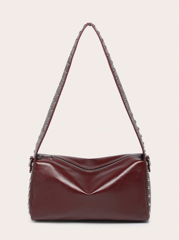 Riveted decoration wide strap shoulder bag