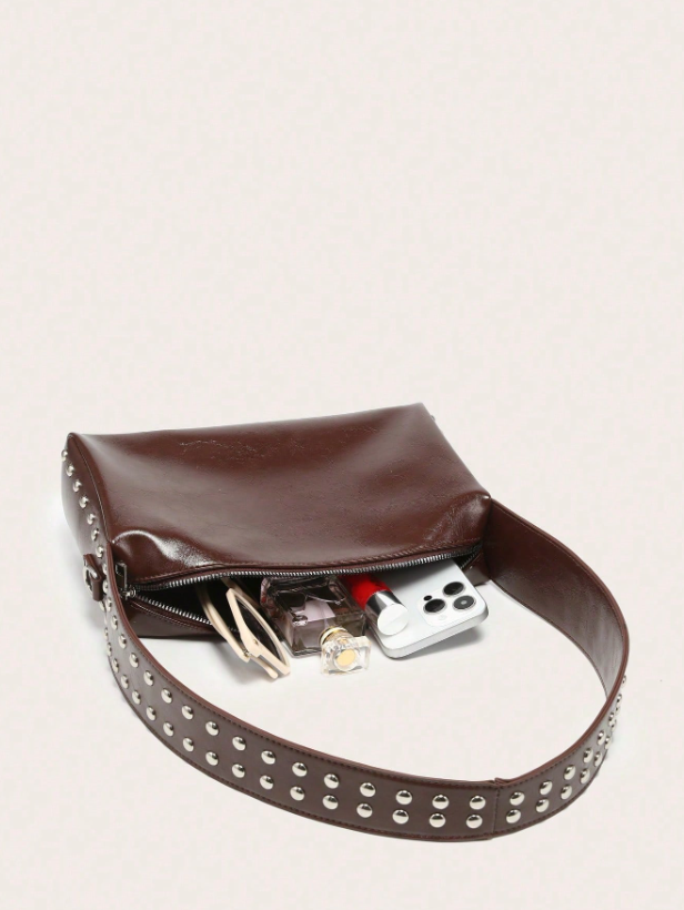 Riveted decoration wide strap shoulder bag