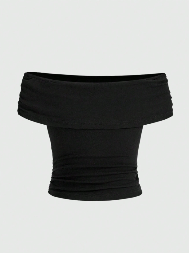 Solid Color Off-Shoulder Ruffle Slim Fit Top
