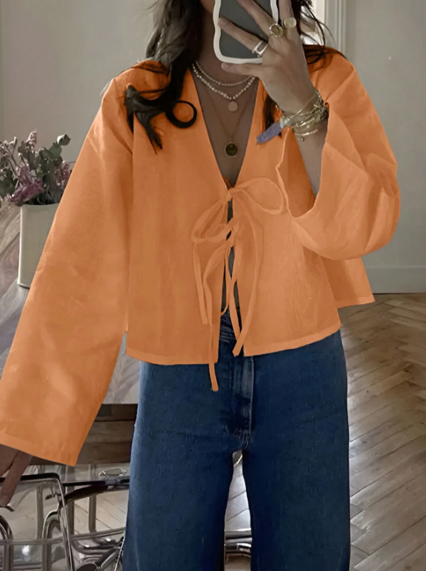 Dropped Shoulder Long Sleeve Self-Tie Front Loose Shirt