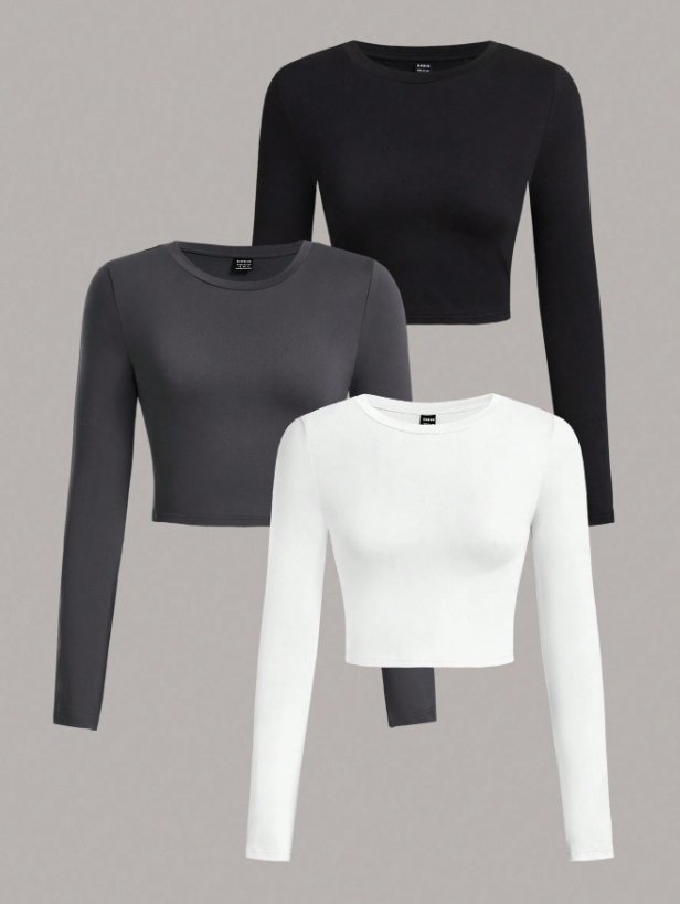 3Pcs Solid Color Round Neck Long Sleeve T-Shirt