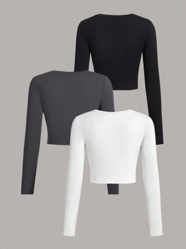 3Pcs Solid Color Round Neck Long Sleeve T-Shirt