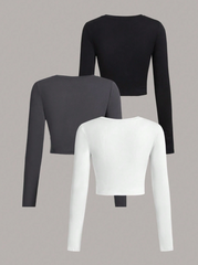 3Pcs Solid Color Round Neck Long Sleeve T-Shirt