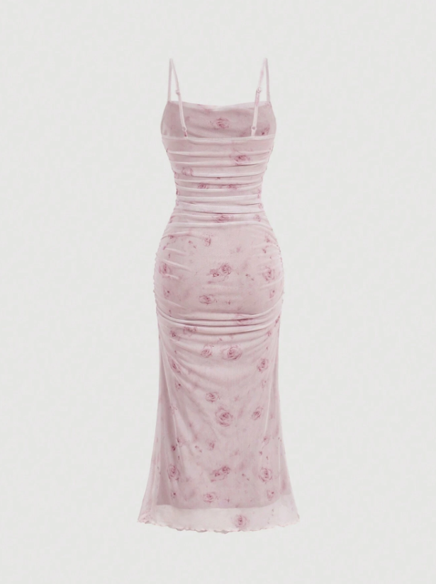 Floral Print Ruched Mesh Cami Long Dress