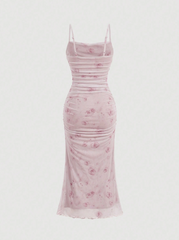 Floral Print Ruched Mesh Cami Long Dress