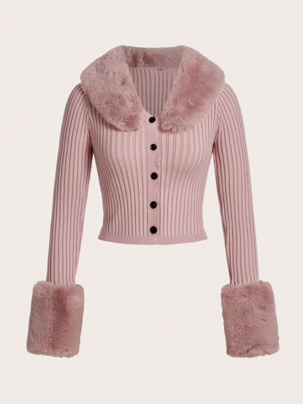 Fuzzy Trim Ribbed Knit Button Front Cardigan, Long Sleeve Tops