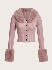 Fuzzy Trim Ribbed Knit Button Front Cardigan, Long Sleeve Tops