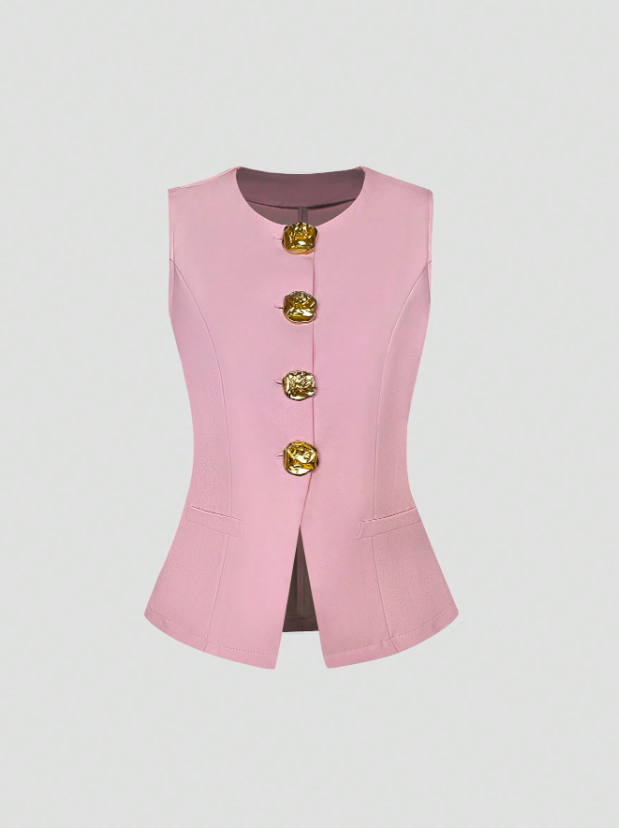 Metal Button Sleeveless Thin Blazer