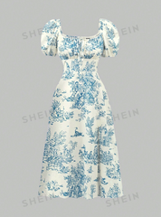 Plant Printed Bubble Sleeve Waist Cinched Dress