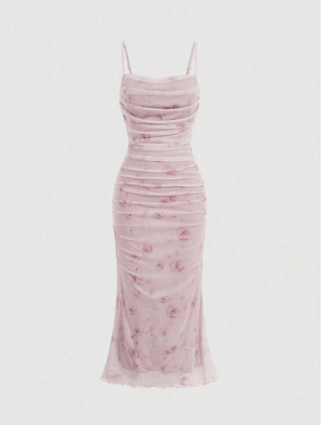 Floral Print Ruched Mesh Cami Long Dress