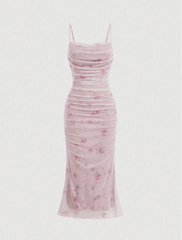 Floral Print Ruched Mesh Cami Long Dress