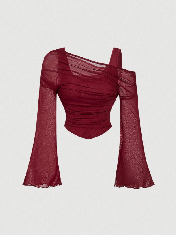 Off-Shoulder Mesh 2in1 Trumpet Sleeve Top