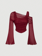 Off-Shoulder Mesh 2in1 Trumpet Sleeve Top