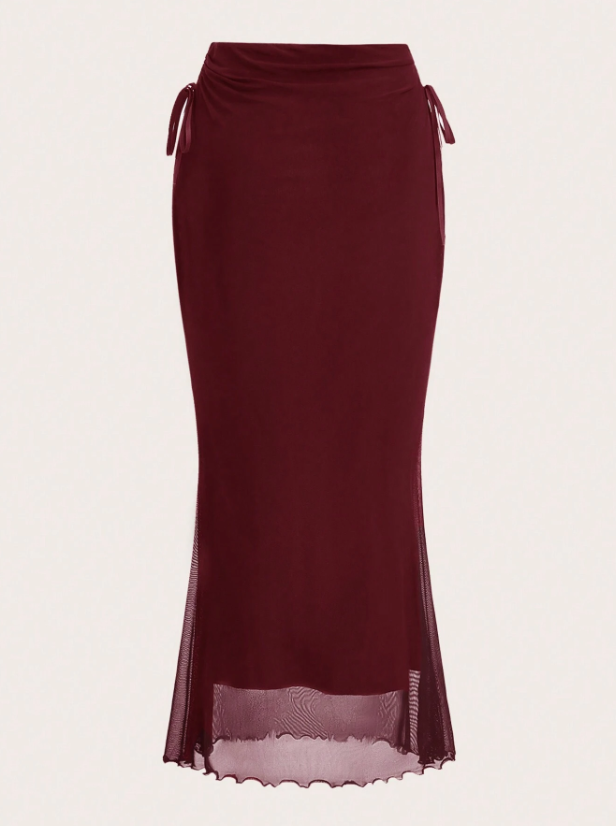Women's Mesh Ribbon Tie Design Mermaid Hem Long Skirt