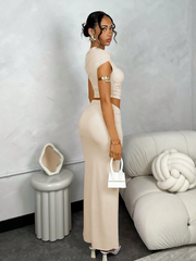 Asymmetric Ruched Top + Low Waist Ruched High Slit Solid Apricot Skirt Set