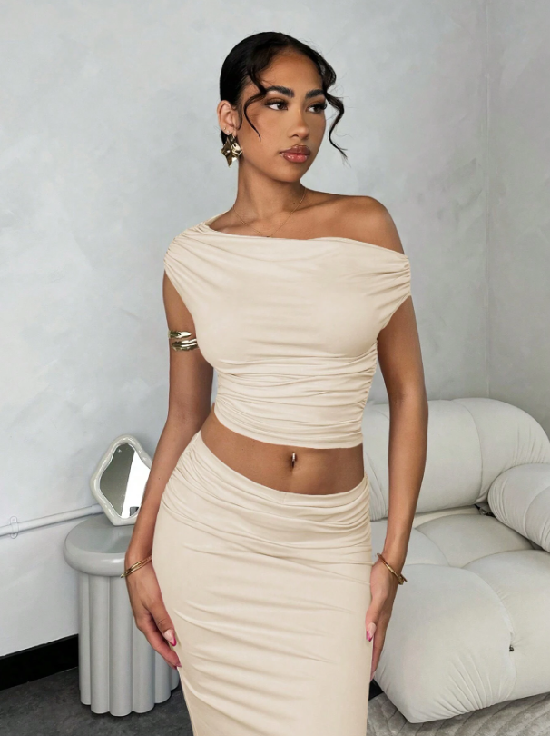 Asymmetric Ruched Top + Low Waist Ruched High Slit Solid Apricot Skirt Set