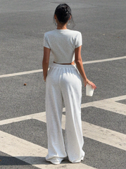 2pcs Women Solid Color Round Neck Short Sleeve Top And Pants Set