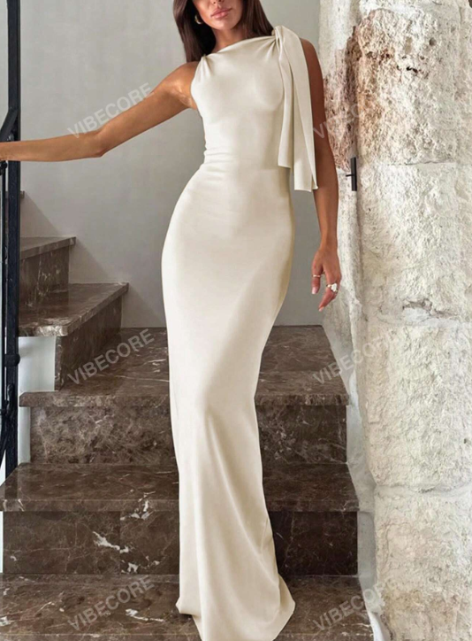 Solid One Shoulder Mermaid Hem Elegant Longline Dress