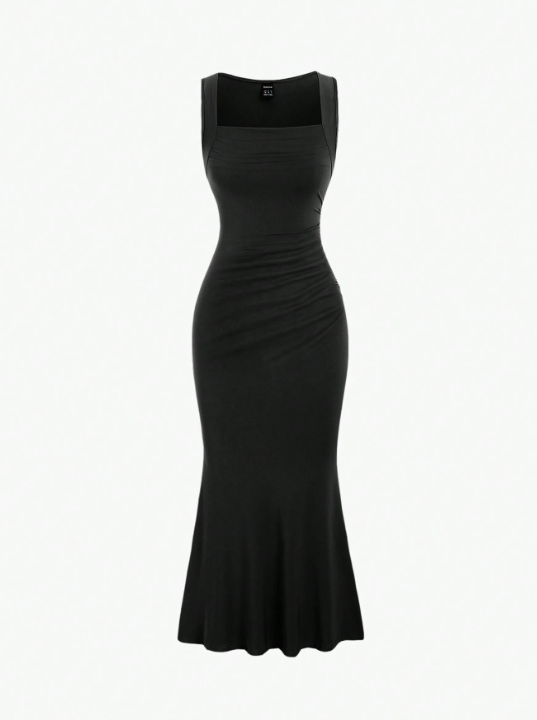 Square Neck Pleated Sleeveless Dress
