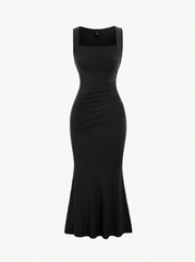Square Neck Pleated Sleeveless Dress