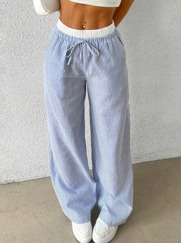 Striped Woven Wide Leg Pants With Loose Fit