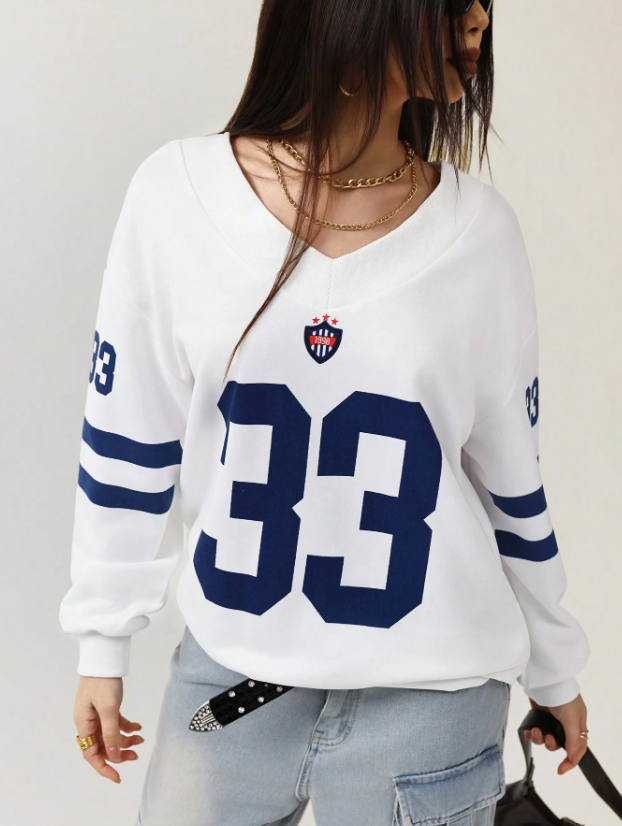 Color Block Number Print Sweatshirt