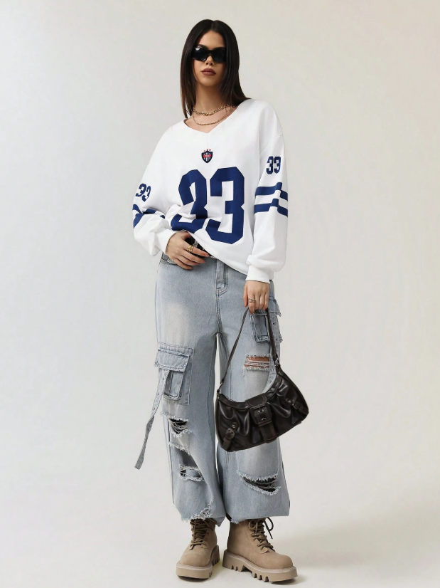 Color Block Number Print Sweatshirt