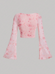 Tie Dye Knot Front Flounce Sleeve Crop Top