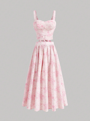 Vintage Floral Bow Knot Top and Skirt Set