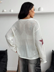 Numeric Pattern Drop Shoulder Long Sleeve Knit Jersey Sweater