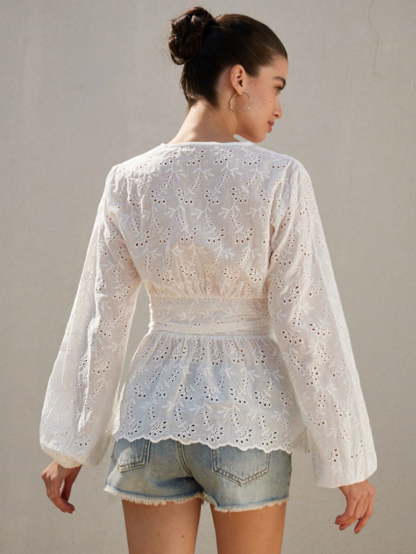 Embroidered V-Neck Long Sleeve Shirt