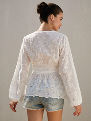 Embroidered V-Neck Long Sleeve Shirt