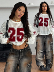 Numeric Pattern Drop Shoulder Long Sleeve Knit Jersey Sweater