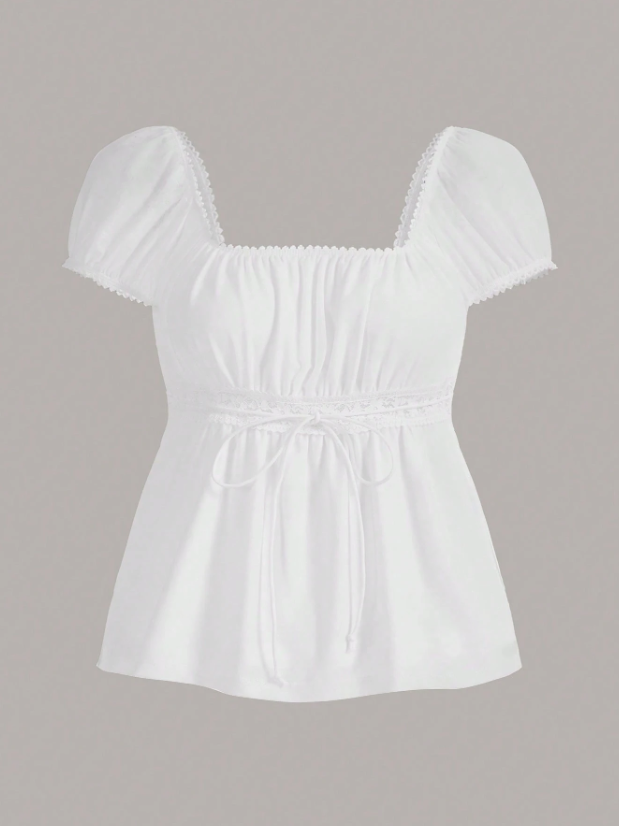 Square Neck Puff Sleeve Tie Front Top