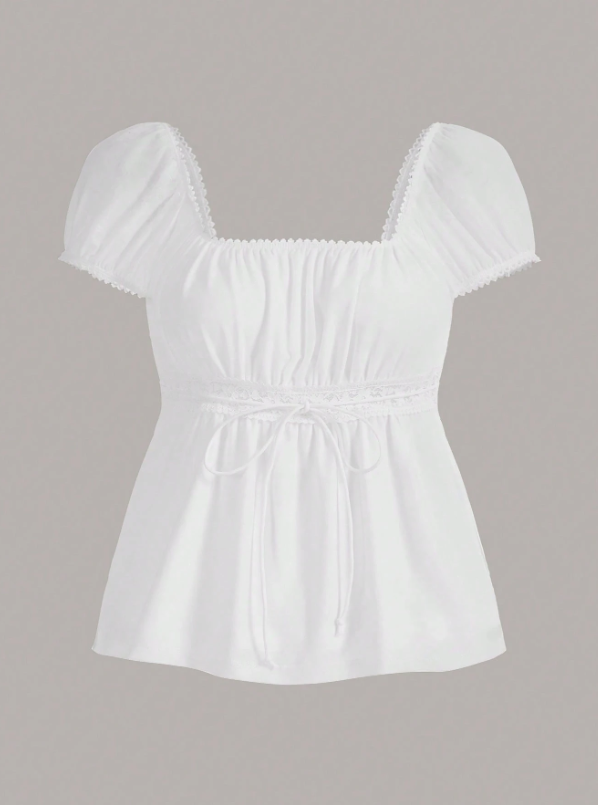 Square Neck Puff Sleeve Tie Front Top