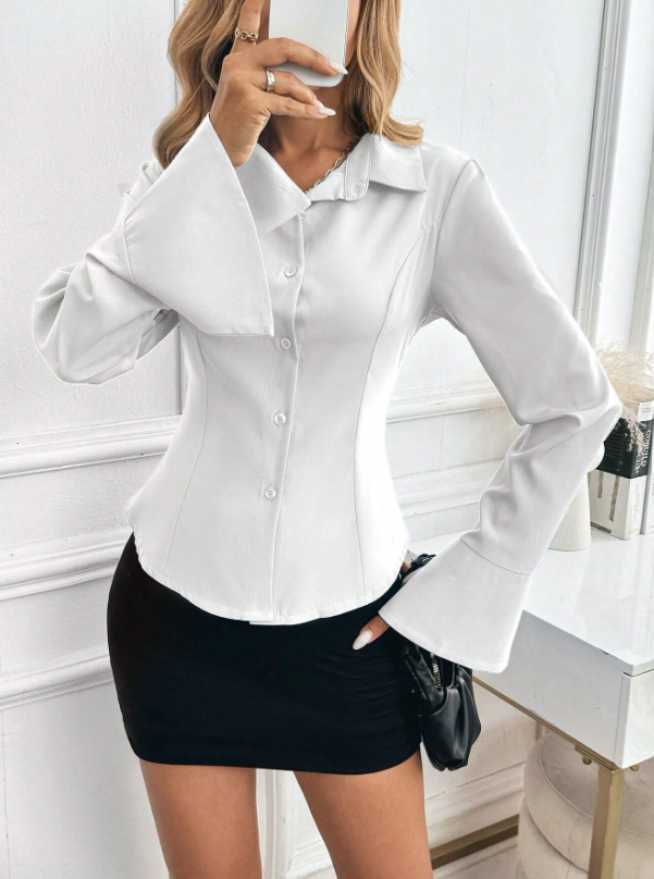 Solid Color Shirt Collar Button Down Long Sleeve