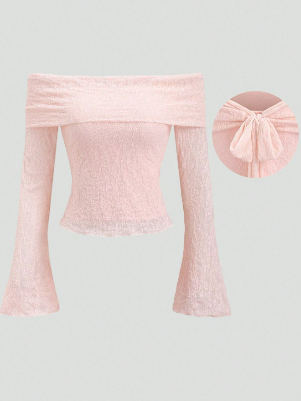 Off Shoulder Bow Tie Lace Blouse