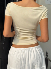 V-Neck Short Sleeve Ruffle Fitted Fashionable T-Shirt