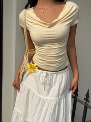 V-Neck Short Sleeve Ruffle Fitted Fashionable T-Shirt