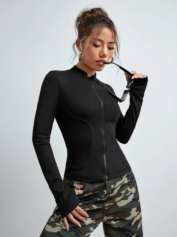 Y2k Zip Up Thumb Holes Black Jacket